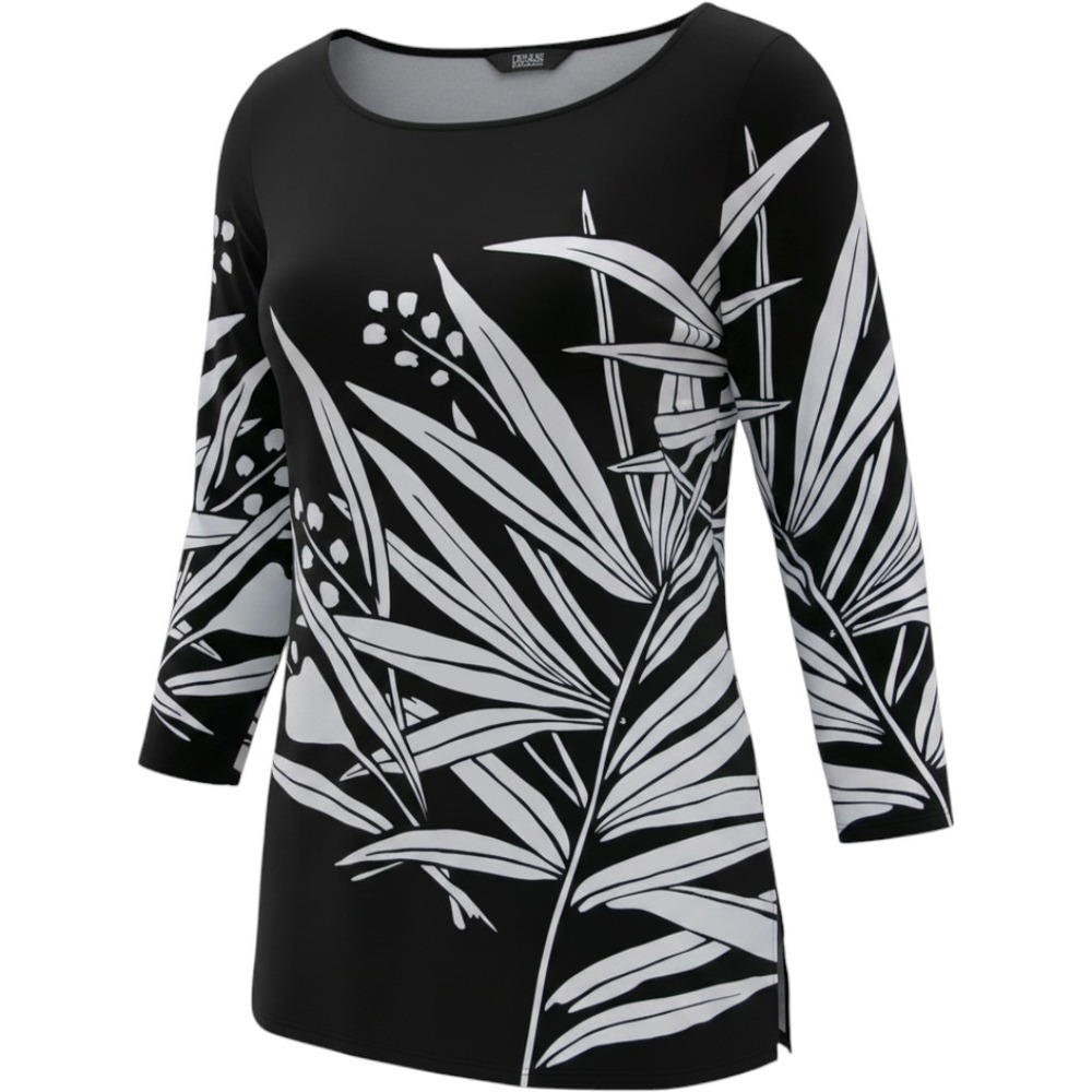 Dennis by Dennis Basso 1X Black White Botanical Leaf 3/4 Sleeve Tunic Top
